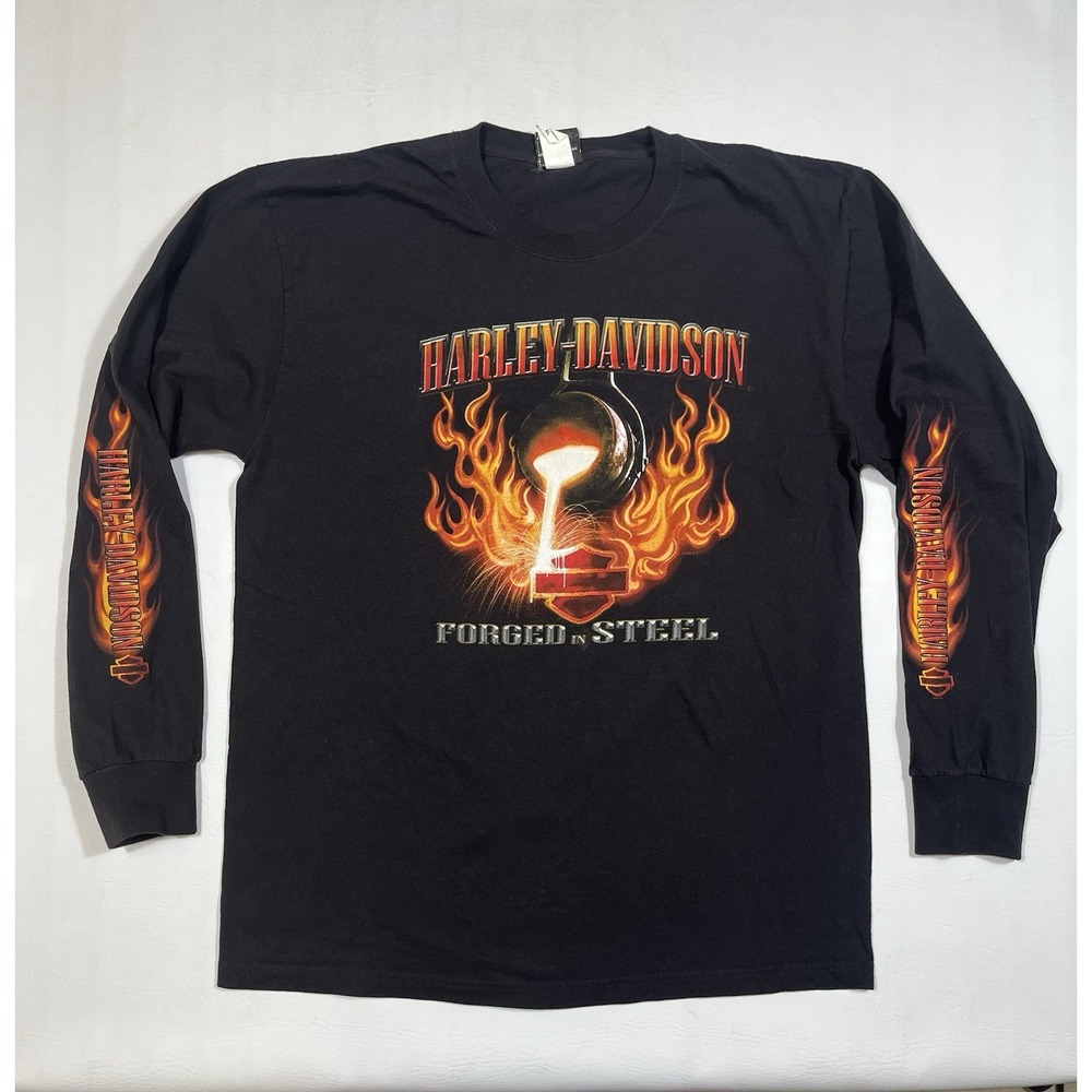 VTG Harley Davidson Forged In Steel Flame Sleeve Shirt Mens XL Black Y2K
